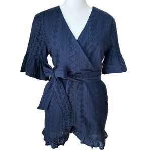 Saints & Hearts | Faux Wrap V-neck Navy Blue Eyelet Romper - Small